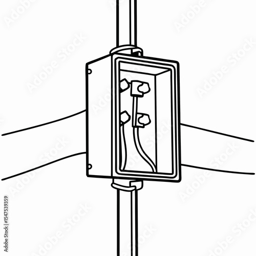 Electrical box mounted on pole with wires. Wiring box installation shows secure connection and proper placement on utility pole.  This image is perfect for electrical manuals, wiring diagrams,