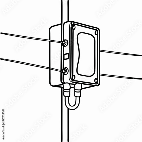 Electrical junction box mounted on utility pole with wires.  This outdoor electrical connection box is ideal for power distribution.