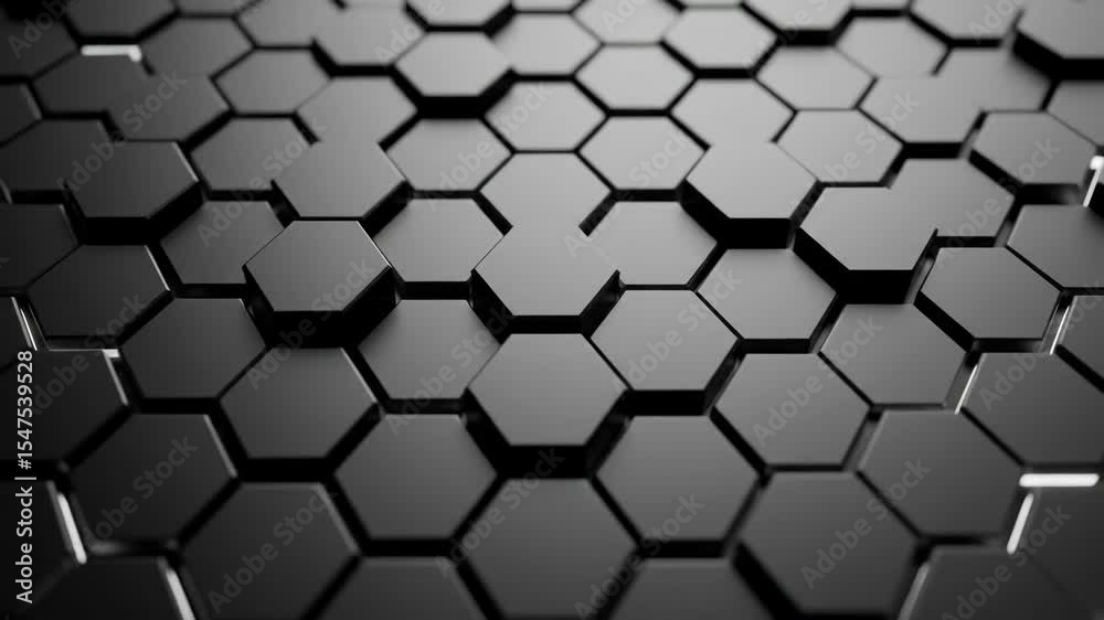 Dynamic motion of hexagonal tiles transforming in futuristic black surface