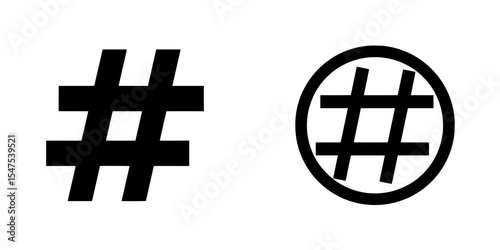 The hashtag icon is depicted in a modern style, with the hashtag sign also shown in a contemporary isolated design on a white background, accompanied by a black hashtag icon