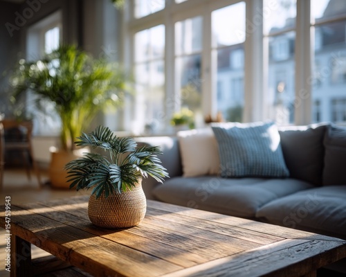 Tropical Plant in Woven Basket on Wooden Coffee Table