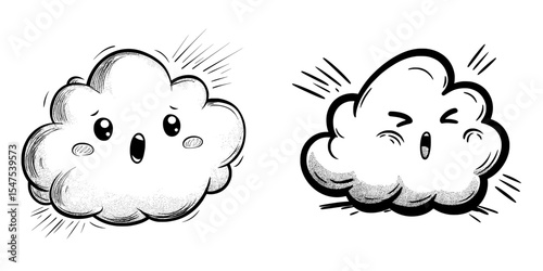 A cute cloud cartoon icon with emotion expression in outline form is a modern illustration