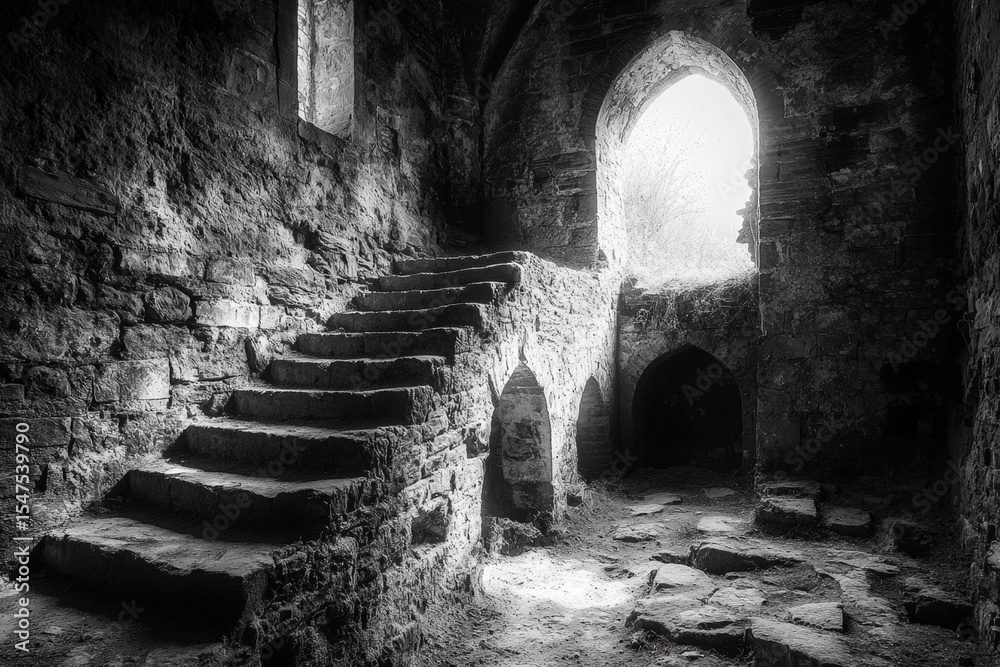 Fototapeta premium Interior view of ancient stone ruins with a staircase and arched window in black and white