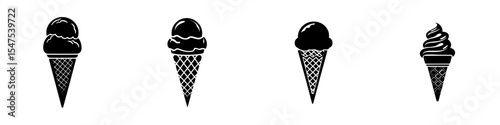 A minimalist summer design element featuring a black silhouette of an ice cream icon on a white background, with a single ice ball in a waffle cone presented in a segmented stencil style