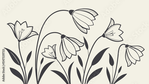 Vintage Black and White Line Art Floral Illustration - Elegant Bell Flowers Sketch