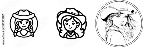 Modern illustration of a cowgirl in black and white as an isolated icon