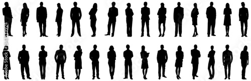 Vector detailed silhouettes set of standing people male and female full body front view with body gesture isolated on white background. Crowd, group of people vector illustration