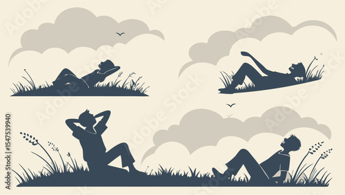 Vintage Silhouette Art People Relaxing in Grass Under Clouds Peaceful Summer Nature Scene