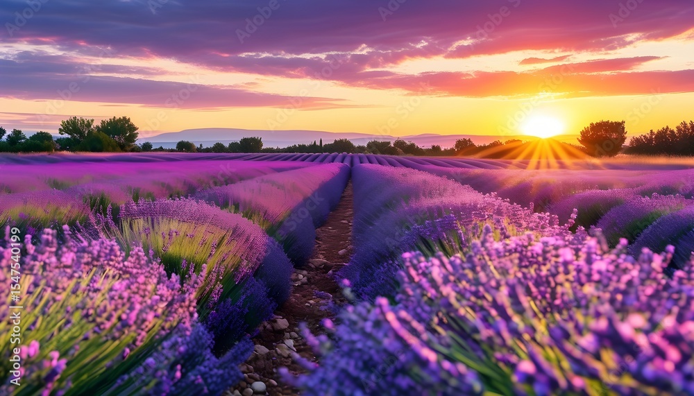 Obraz premium Lavender Fields at Sunset A Breathtaking Landscape of Purple Blooms and Golden Light in Provence France during Summer
