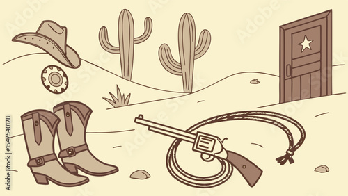 Western Wild West Cowboy Illustration Objects Collection Set Hat Boots Gun Lasso Cacti Saloon Door Sepia