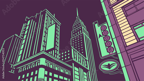 Retro Vintage Art Deco City Illustration. Skyscrapers at Night. Dark Urban Skyline Graphic Art.
