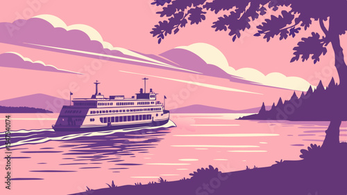 Ferry Boat at Sunset Over Serene Lake with Mountains and Trees