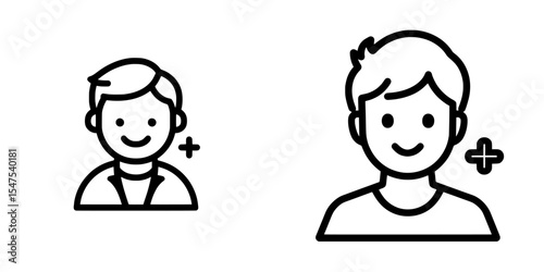 Add a modern male profile avatar icon that includes a plus symbol to represent adding a new user, outlined in a line style