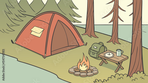 Camping in the forest by the lake with tent campfire backpack and table outdoor nature adventure travel