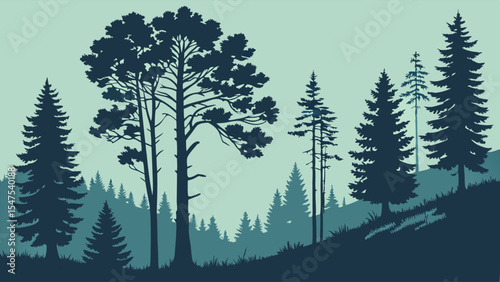 Silhouette forest landscape tall trees nature background graphic design element outdoors woods scenery peaceful tranquil illustration vector