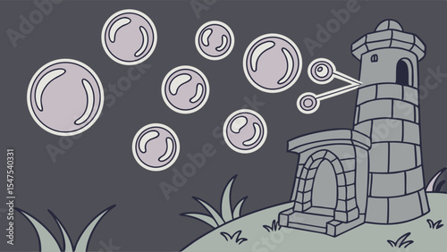 Fantasy whimsical lighthouse on a hill with magical floating bubbles in a dark dreamlike landscape