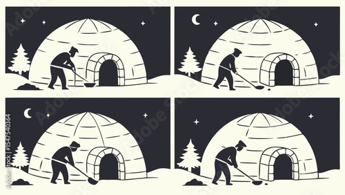 Man shoveling snow outside igloo at night winter cold weather work arctic landscape snow house scene