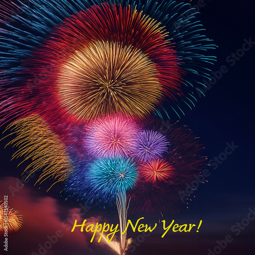 Colorful fireworks in the night sky . For new year, 4th of july, anniversary, festive concept with text: 