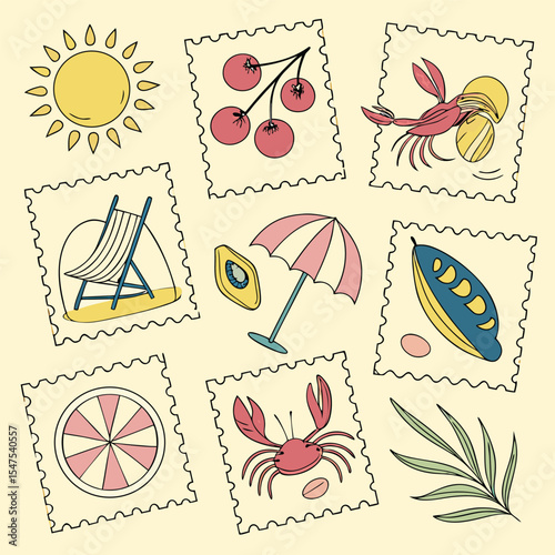 Collection of Summer Themed Postage Stamps Featuring Sun Cherries Crabs Beach Chair Umbrella Fruits and Palm Leaf