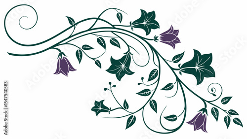 Green and purple elegant floral design element, vine scroll ornament border art with leaves and bell flowers.