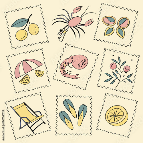 Collection of Nine Pastel Summer Themed Postage Stamps Featuring Fruits Seafood and Beach Accoutrements