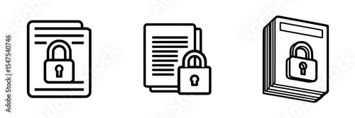 A modern illustration featuring a locked document icon in line style, isolated on a white background, with paper and a padlock