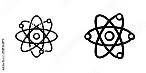 This modern line icon depicts an atom, isolated on a white background, with a focus on its core and electron orbits, illustrating the concept of nuclear energy, and functioning as a symbol for