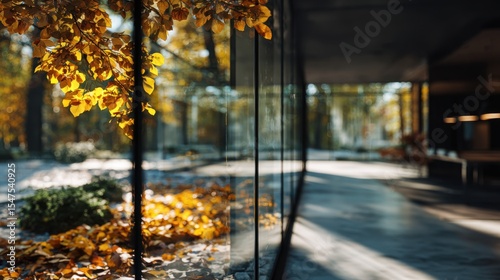 Stunning Autumn Foliage Outside Glass Office Wall: A Serene View for Professionals
