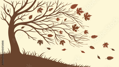 Autumn fall tree silhouette with leaves blowing in wind, nature weather season change illustration