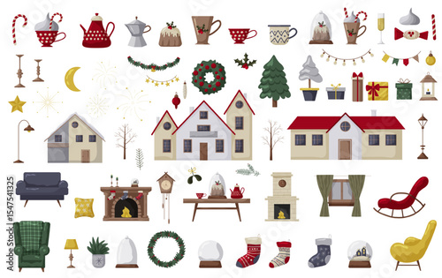 Holiday decorations and cozy elements for a festive winter setting