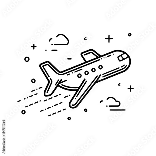 Airplane line path travel icon is a modern illustration isolated on white background, characterized by an airplane location path in dotted line and airplane routes in dashed line