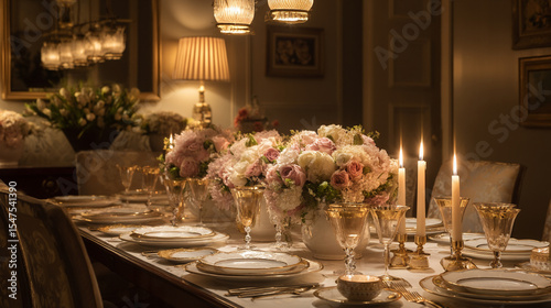 Elegant English dining tables styled with flickering candlelight, floral centrepieces, crystal glassware and richly layered plates, capturing the warmth of evening gatherings at home, wedding or event