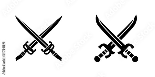 A bold black silhouette icon of crossed sabers and dadao isolated on white represents swords, including kindjal daggers, as a logo or pictogram