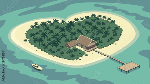 Heart Shaped Tropical Island Paradise with Luxury Bungalow and Pier