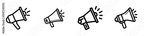 A linear icon of a megaphone with sound is used for advertising and distribution, and features a line with editable stroke