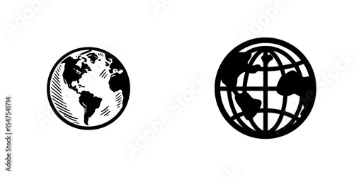 A modern illustration of a black globe Earth icon is isolated on a white background in a flat style