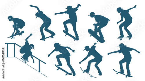 Set of dynamic skateboarder silhouettes. Young people performing tricks and actions. Urban sport, youth culture, active lifestyle.