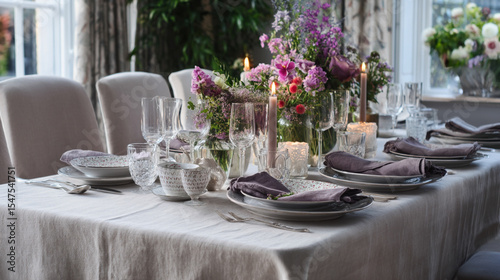 Elegant English dining tables styled with flickering candlelight, floral centrepieces, crystal glassware and richly layered plates, capturing the warmth of evening gatherings at home, wedding or event