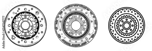 Modern illustration image in flat style of a car brake disk part gear system icon in black color