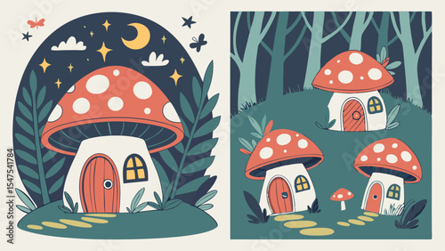 Cute fantasy mushroom houses illustration set. Whimsical fairy tale forest and night scene for kids design.