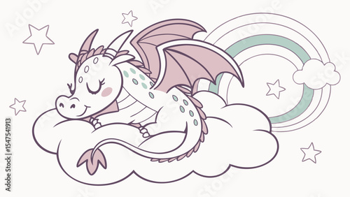 Cute sleeping baby dragon on cloud stars rainbow background sweet dreams fantasy kids art vector