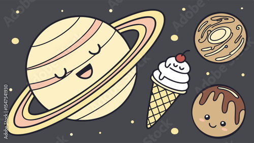 Cute cartoon space illustration with planets, stars, and ice cream. Kawaii universe background. Sweet dessert theme.