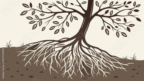 Tree with roots illustration in soil. Nature growth strength and foundation concept.