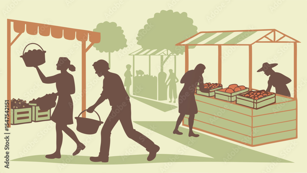 Farmers market scene silhouette illustration of people shopping for fresh produce Farmers market scene silhouette illustration of people shopping for fresh produce