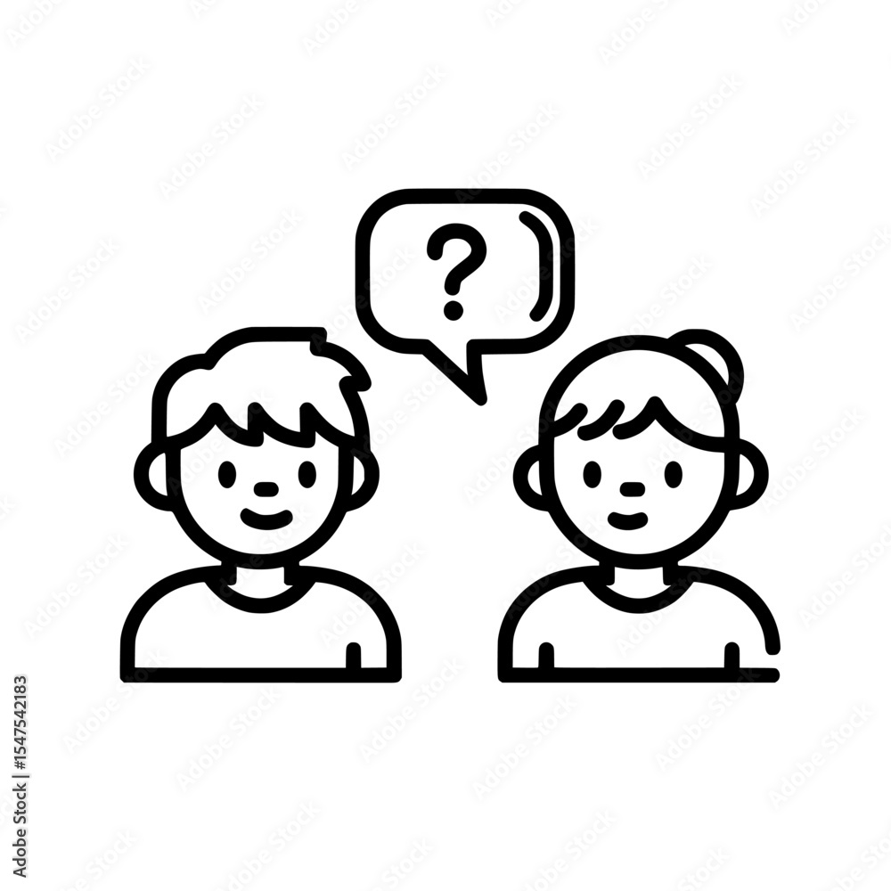 A linear icon representing question and answer, where two individuals engage in dialogue, and one person inquires while the other responds, often used in counselling contexts, with an editable line A linear icon representing question and answer, where two individuals engage in dialogue, and one person inquires while the other responds, often used in counselling contexts, with an editable line