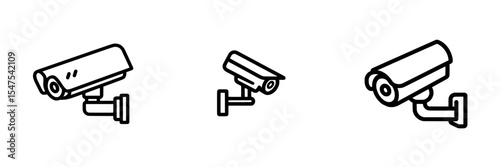 A modern flat illustration of a CCTV camera icon with editable stroke outline is isolated on a white background, pixel perfect, in 64 x 64 resolution
