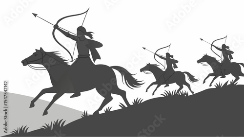 Silhouette of horseback archers warriors hunters riding uphill landscape dynamic action adventure historical concept