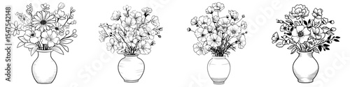 A vase with flowers is placed in a single line, featuring a continuous drawing of the vase and its floral arrangement