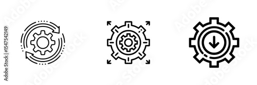 A simple cog wheel process circle in flat design is depicted in the black single round reset system line icon, a modern pictogram for infographic interface elements in app logo web button ui ux,