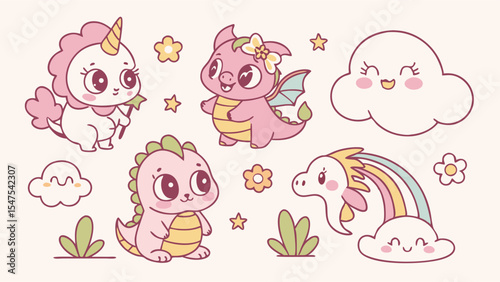 Sweet Adorable Cute Cartoon Fantasy Set Unicorn Dragon Rainbow for Kids Nursery Illustration